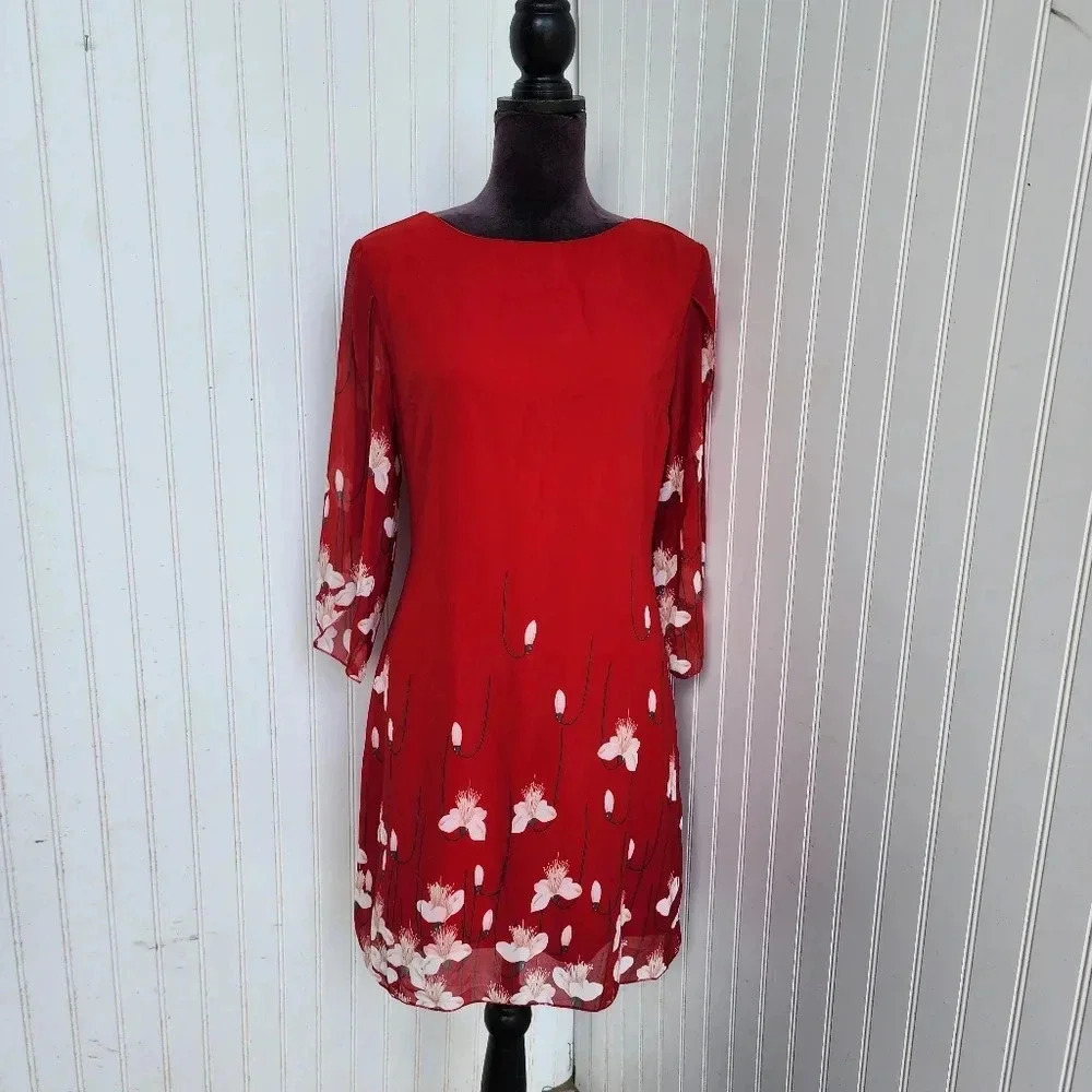 NWT Grace Karin Floral Chiffon Tunic Dress Red Back Zip 3/4 Sleeve Stretch Sz S